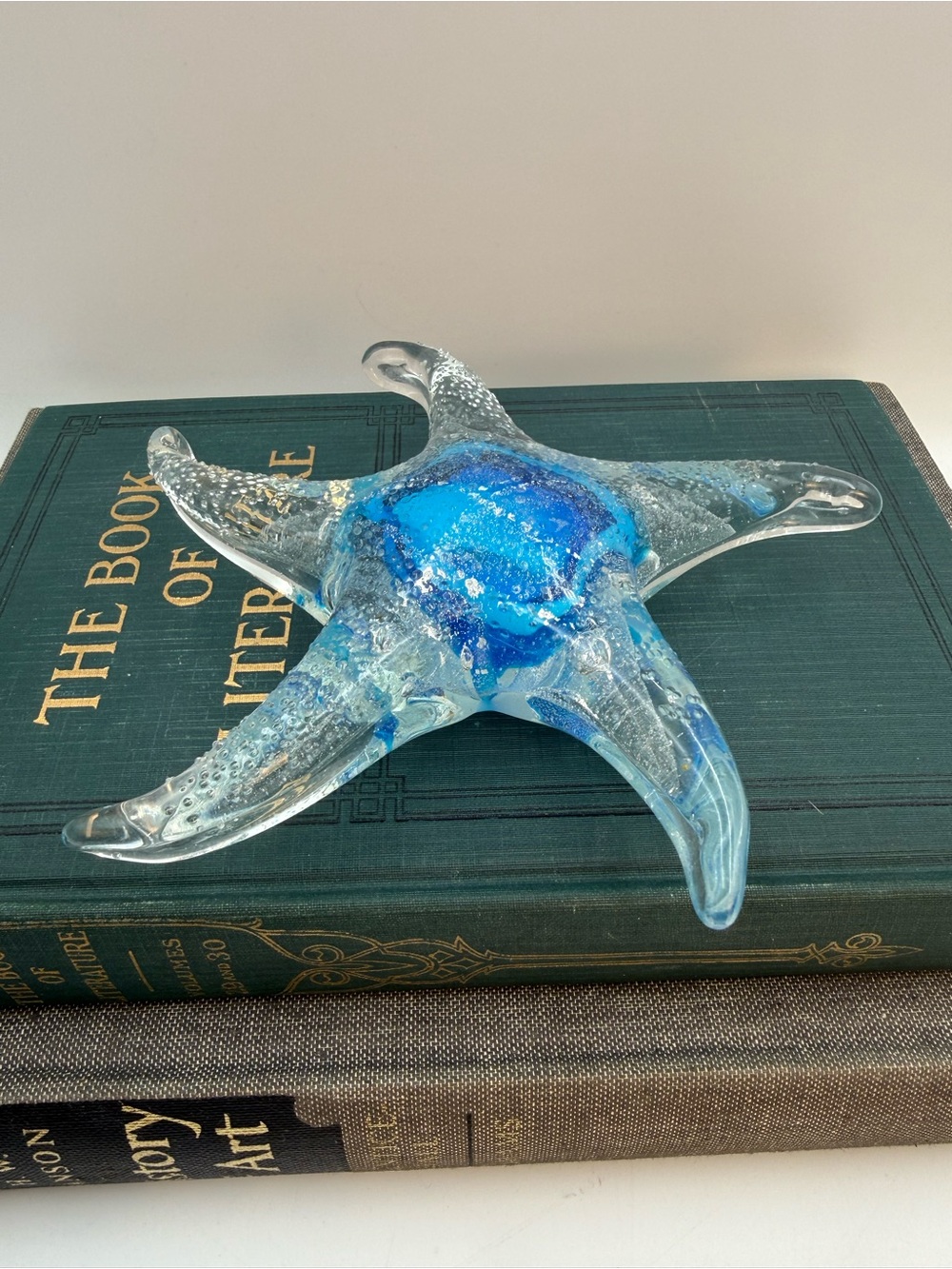 Hand Blown Aqua Blue Glass Starfish With Silver Flex Paperweight